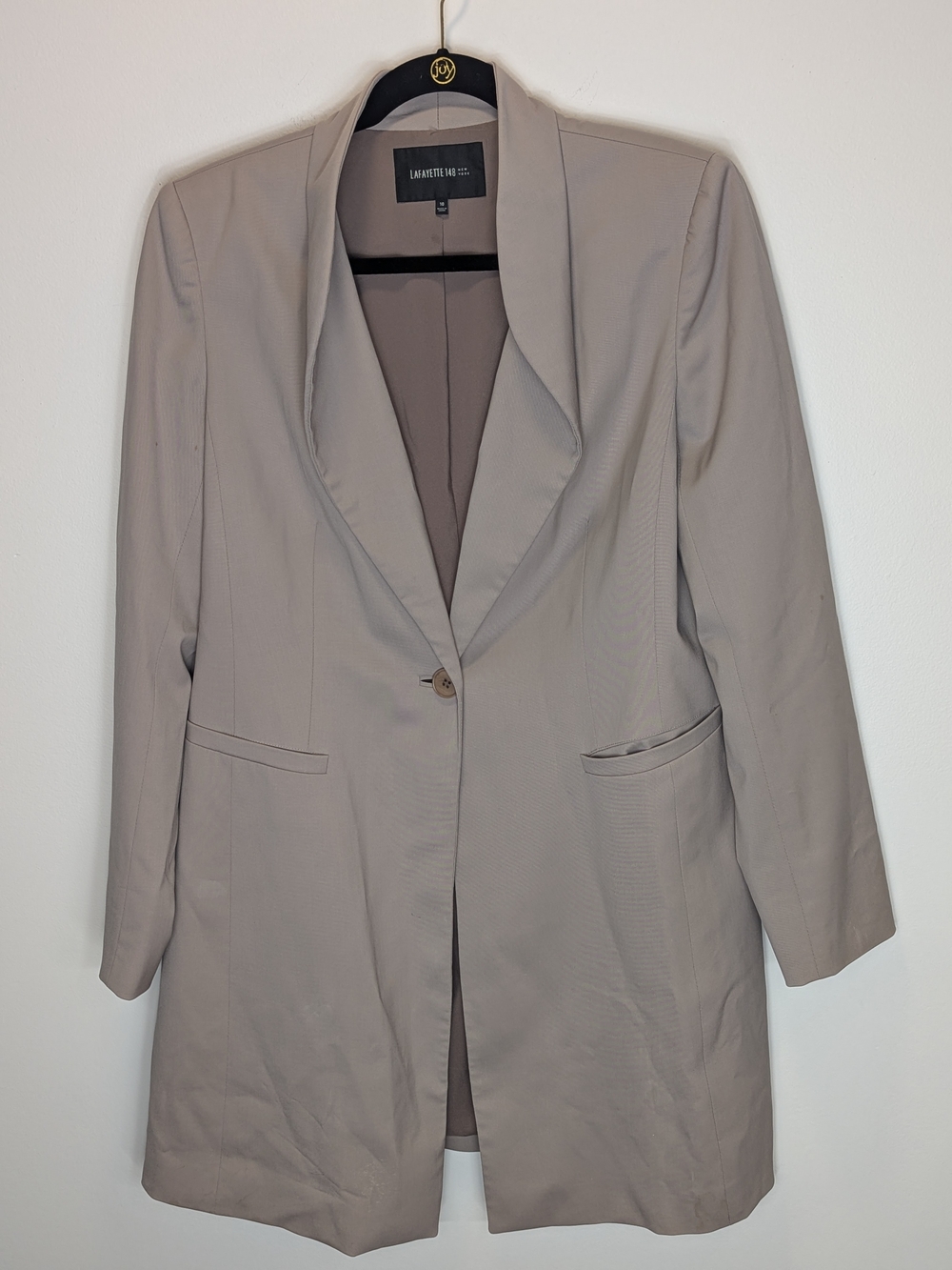 Lafayette 148 Women's Wool Taupe Single-Button Long Blazer Size 10 Luxury